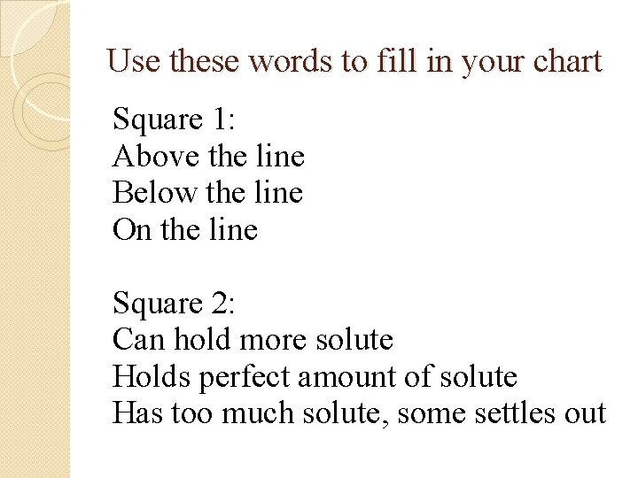 Use these words to fill in your chart Square 1: Above the line Below