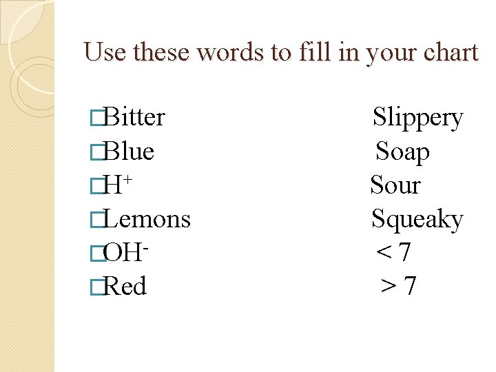 Use these words to fill in your chart �Bitter �Blue �H+ �Lemons �OH�Red Slippery Use these words to fill in your chart �Bitter �Blue �H+ �Lemons �OH�Red Slippery