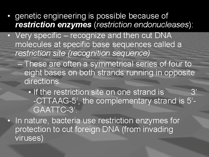  • genetic engineering is possible because of restriction enzymes (restriction endonucleases): • Very