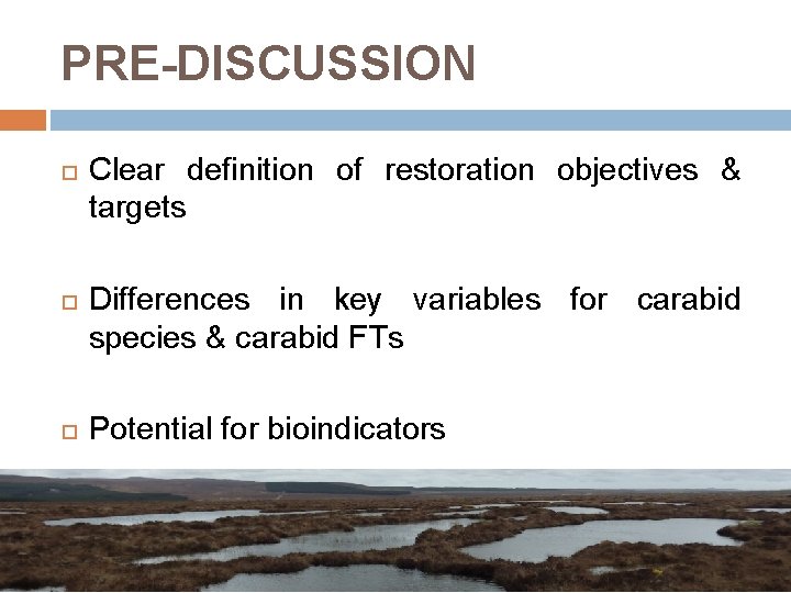 PRE-DISCUSSION Clear definition of restoration objectives & targets Differences in key variables for carabid