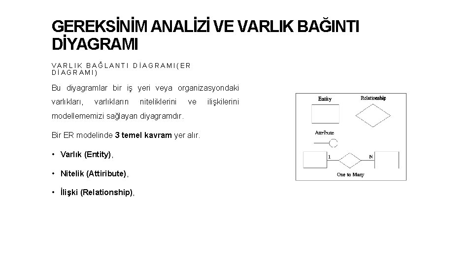 GEREKSİNİM ANALİZİ VE VARLIK BAĞINTI DİYAGRAMI VARLIK BAĞLANTI DİAGRAMI(ER DİAGRAMI) Bu diyagramlar bir iş