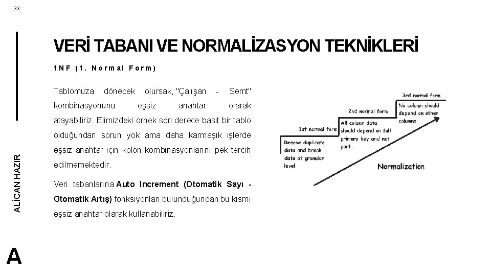 33 VERİ TABANI VE NORMALİZASYON TEKNİKLERİ 1 NF (1. Normal Form) Tablomuza dönecek olursak,