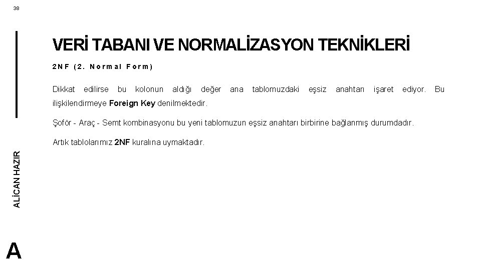 38 VERİ TABANI VE NORMALİZASYON TEKNİKLERİ 2 NF (2. Normal Form) Dikkat edilirse bu