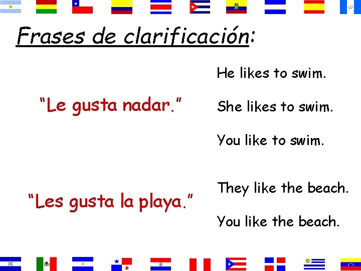 Frases de clarificación: He likes to swim. “Le gusta nadar. ” She likes to