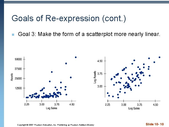 Goals of Re-expression (cont. ) n Goal 3: Make the form of a scatterplot