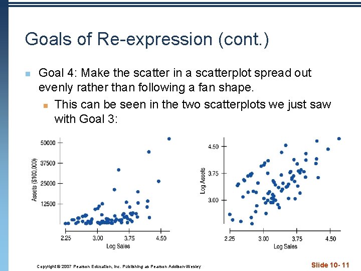 Goals of Re-expression (cont. ) n Goal 4: Make the scatter in a scatterplot