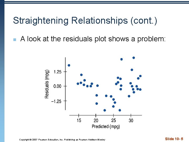 Straightening Relationships (cont. ) n A look at the residuals plot shows a problem: