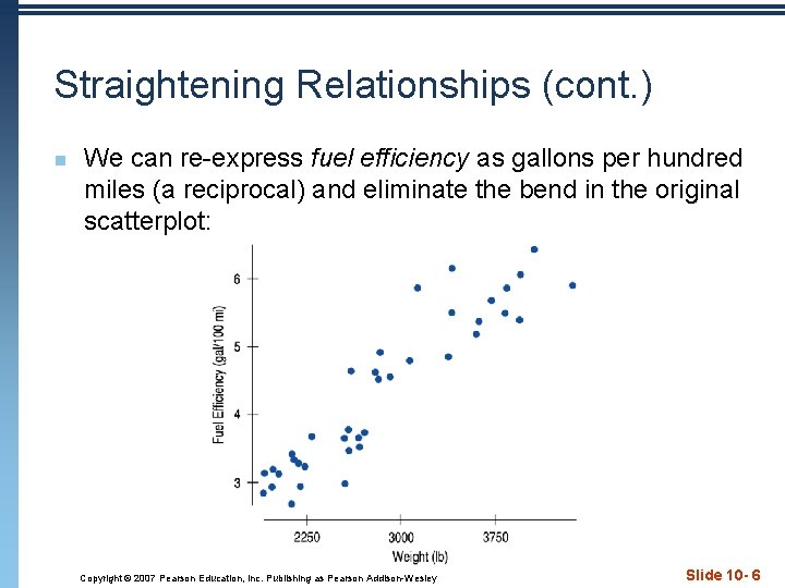 Straightening Relationships (cont. ) n We can re-express fuel efficiency as gallons per hundred