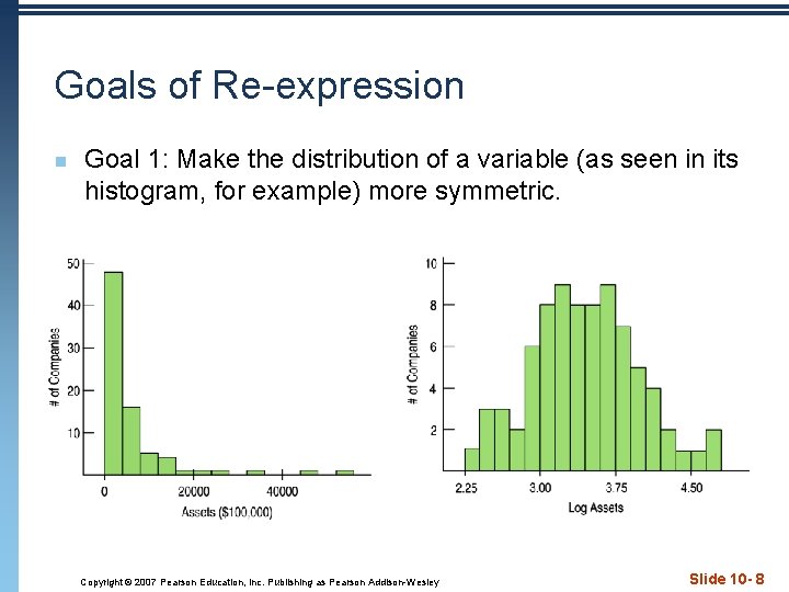 Goals of Re-expression n Goal 1: Make the distribution of a variable (as seen