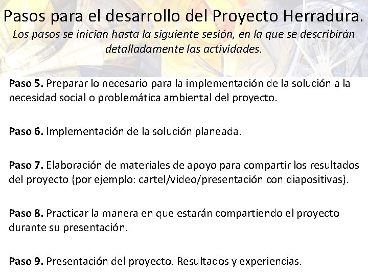 Pasos para el desarrollo del Proyecto Herradura. Los pasos se inician hasta la siguiente