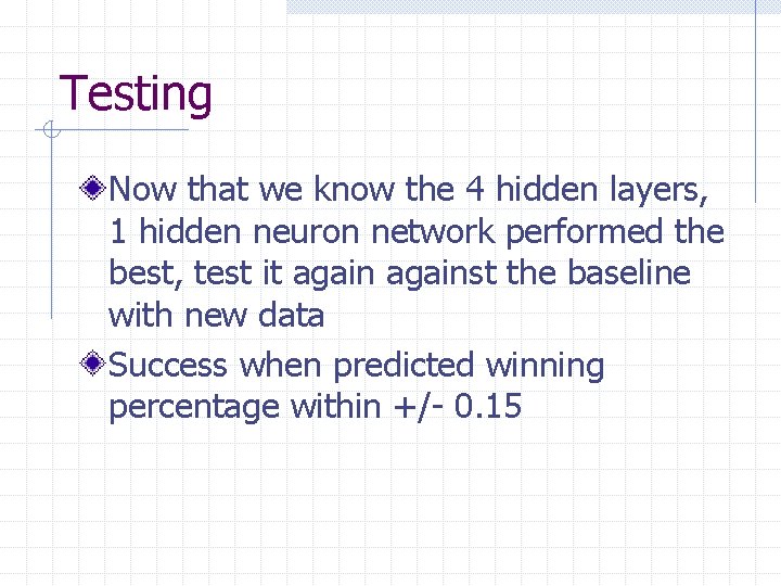Testing Now that we know the 4 hidden layers, 1 hidden neuron network performed