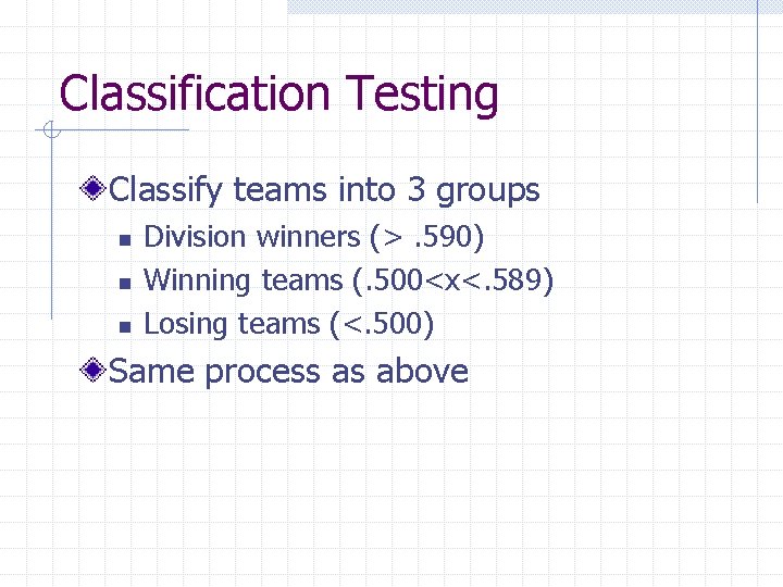 Classification Testing Classify teams into 3 groups n n n Division winners (>. 590)