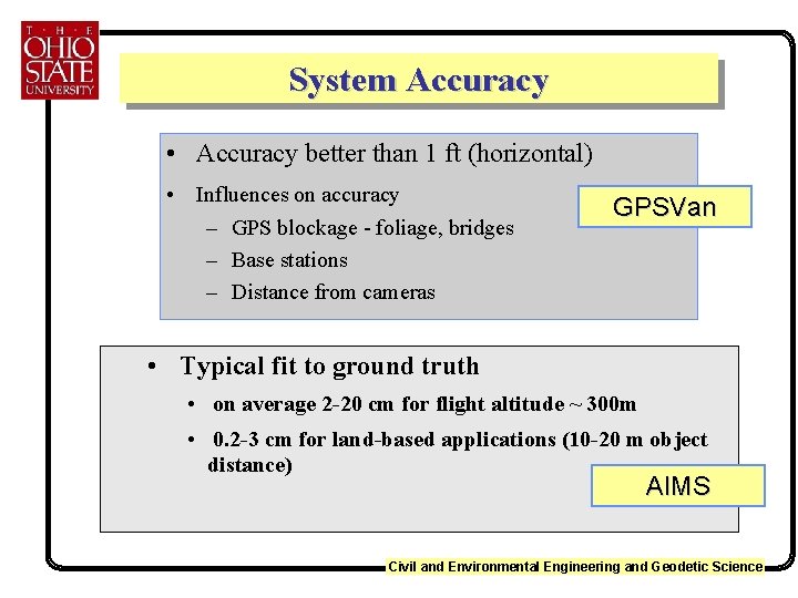 System Accuracy • Accuracy better than 1 ft (horizontal) • Influences on accuracy –