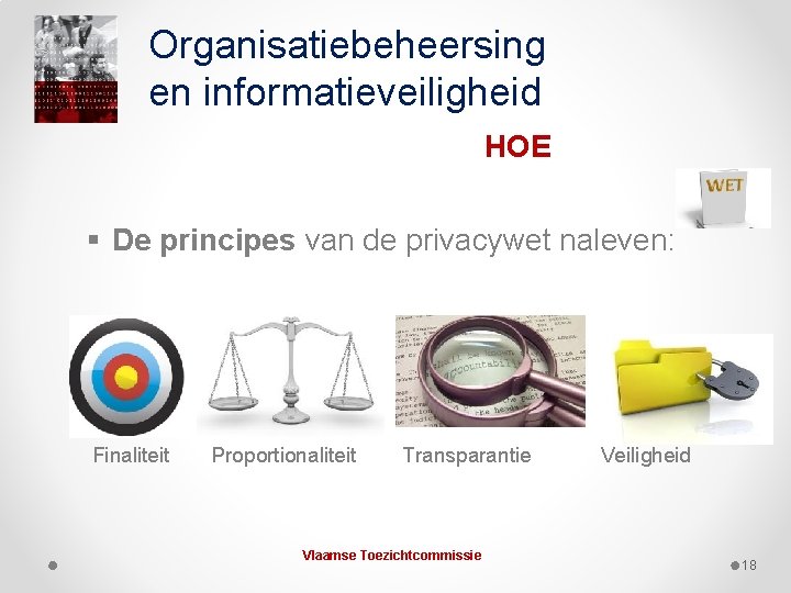 Organisatiebeheersing en informatieveiligheid HOE § De principes van de privacywet naleven: Finaliteit Proportionaliteit Transparantie