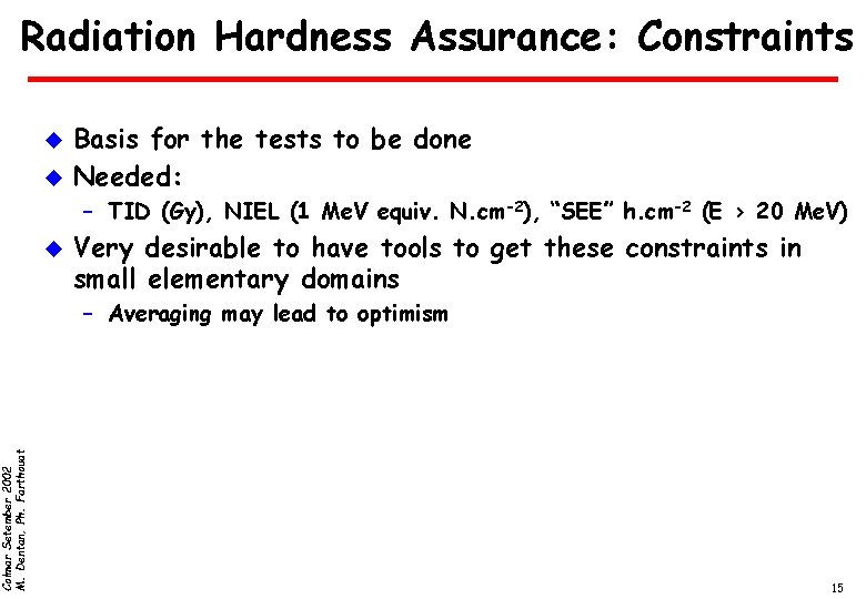 Colmar Setember 2002 M. Dentan, Ph. Farthouat Radiation Hardness Assurance: Constraints u u Basis
