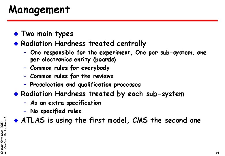 Colmar Setember 2002 M. Dentan, Ph. Farthouat Management u u Two main types Radiation
