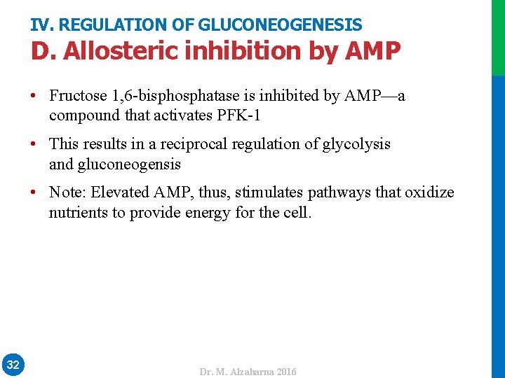 IV. REGULATION OF GLUCONEOGENESIS D. Allosteric inhibition by AMP • Fructose 1, 6 -bisphosphatase