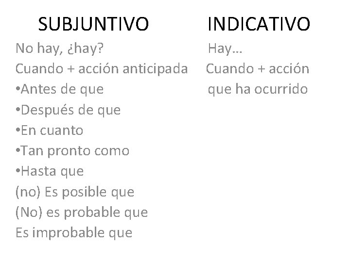 SUBJUNTIVO No hay, ¿hay? Cuando + acción anticipada • Antes de que • Después