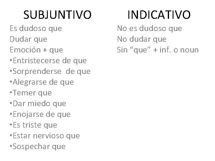 SUBJUNTIVO Es dudoso que Dudar que Emoción + que • Entristecerse de que •