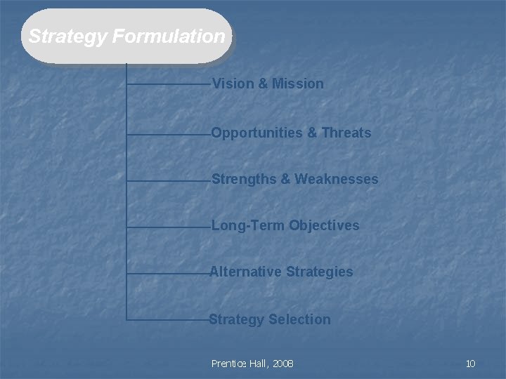 Strategy Formulation Vision & Mission Opportunities & Threats Strengths & Weaknesses Long-Term Objectives Alternative