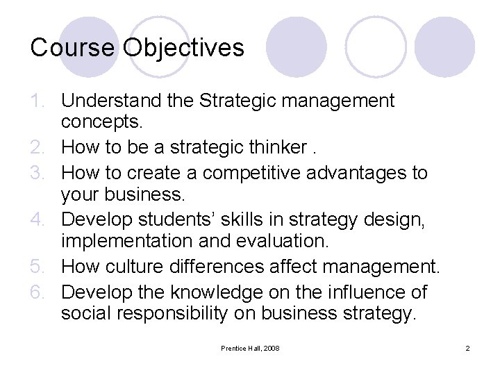 Course Objectives 1. Understand the Strategic management concepts. 2. How to be a strategic