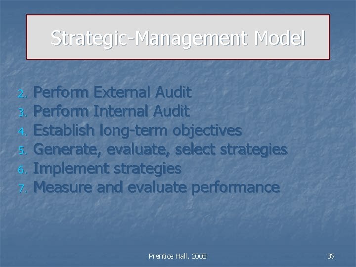 Strategic-Management Model 2. 3. 4. 5. 6. 7. Perform External Audit Perform Internal Audit