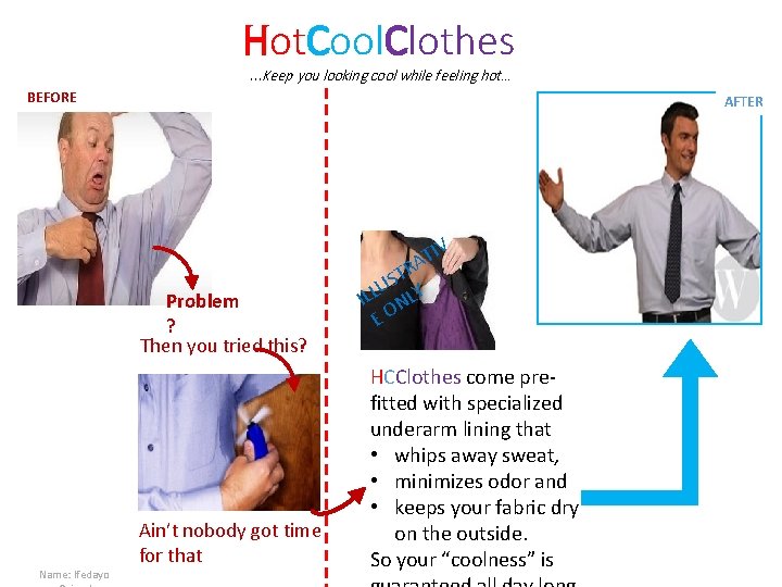 Hot. Cool. Clothes …Keep you looking cool while feeling hot… BEFORE AFTER IV Problem