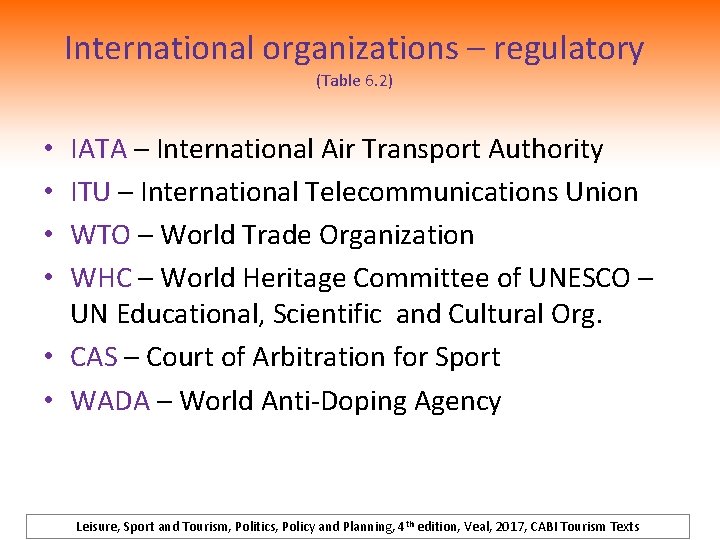 International organizations – regulatory (Table 6. 2) IATA – International Air Transport Authority ITU