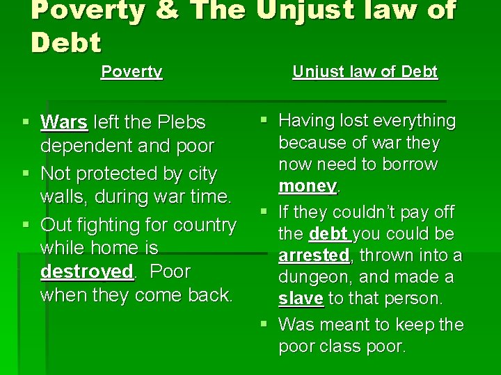 Poverty & The Unjust law of Debt Poverty Unjust law of Debt § Wars