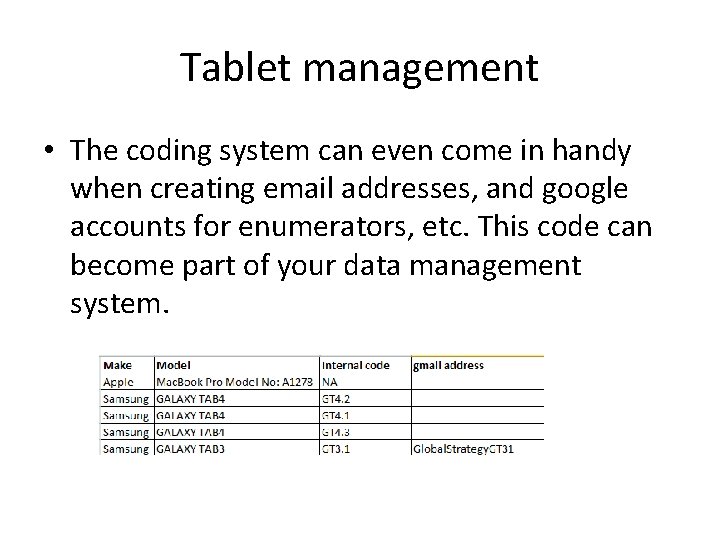 Tablet management • The coding system can even come in handy when creating email