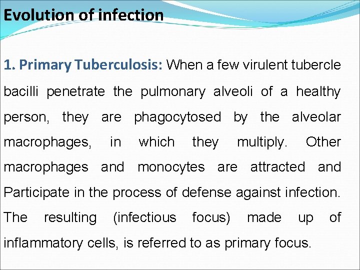 Evolution of infection 1. Primary Tuberculosis: When a few virulent tubercle bacilli penetrate the