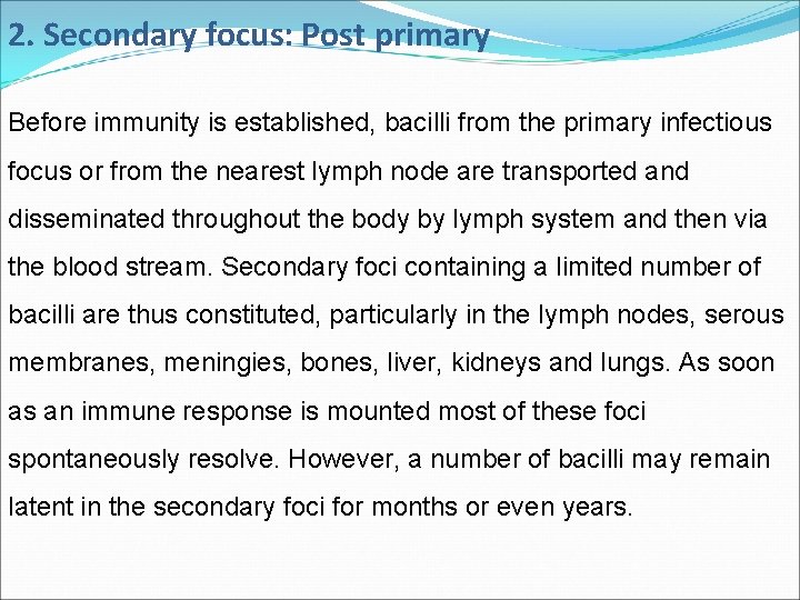 2. Secondary focus: Post primary Before immunity is established, bacilli from the primary infectious