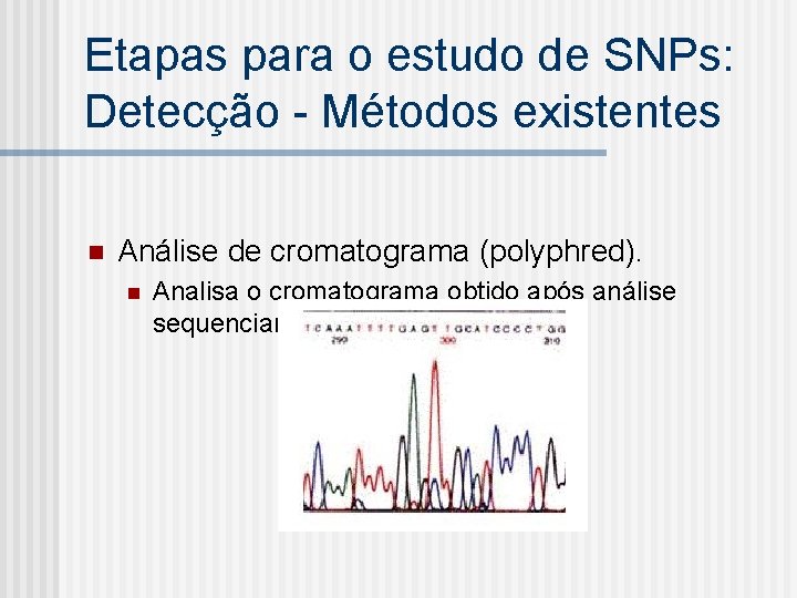 Etapas para o estudo de SNPs: Detecção - Métodos existentes n Análise de cromatograma