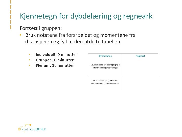 Kjennetegn for dybdelæring og regneark Fortsett i gruppen: • Bruk notatene fra forarbeidet og