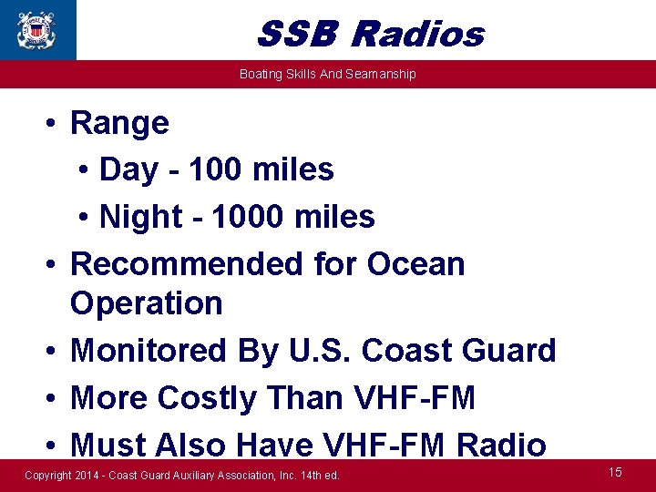 SSB Radios Boating Skills And Seamanship • Range • Day - 100 miles •