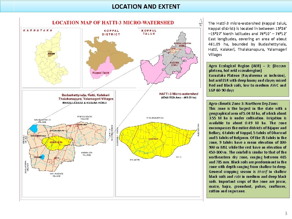 LOCATION AND EXTENT The Hatti-3 micro-watershed (Koppal taluk, Koppal district) is located in between