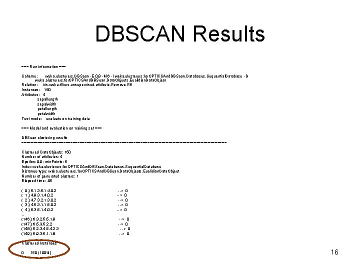 DBSCAN Results === Run information === Scheme: weka. clusterers. DBScan -E 0. 9 -M