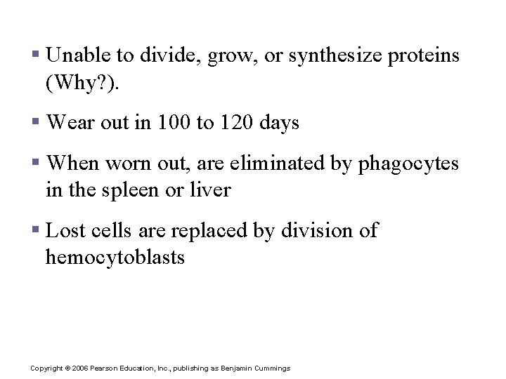 Fate of Erythrocytes § Unable to divide, grow, or synthesize proteins (Why? ). §