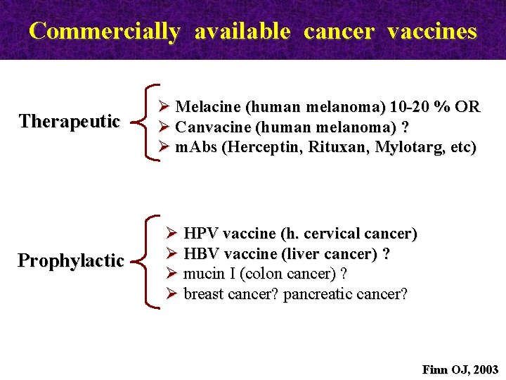 Commercially available cancer vaccines Therapeutic Prophylactic Ø Melacine (human melanoma) 10 -20 % OR