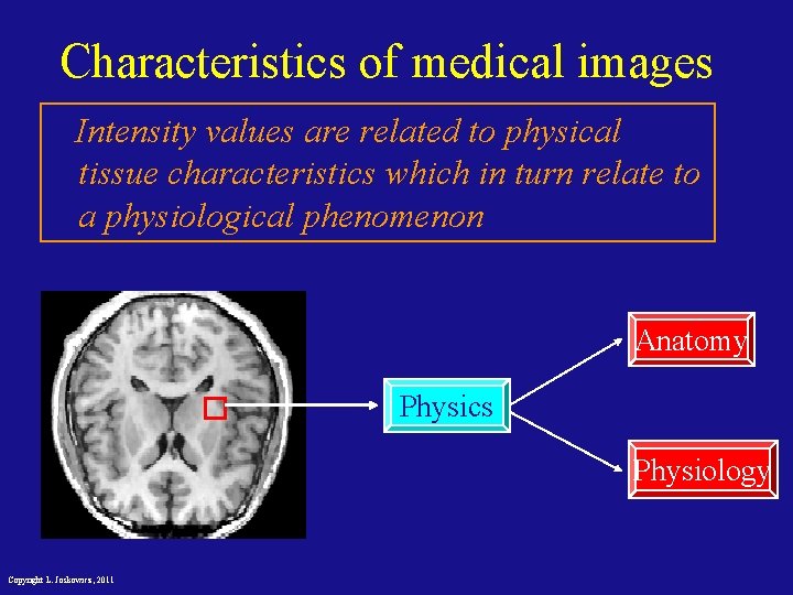 Characteristics of medical images Intensity values are related to physical tissue characteristics which in