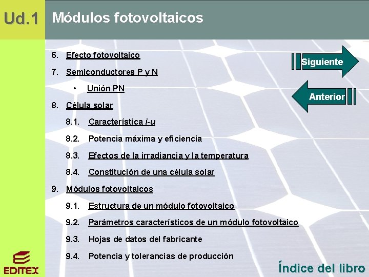 Ud. 1 Módulos fotovoltaicos 6. Efecto fotovoltaico Siguiente 7. Semiconductores P y N •