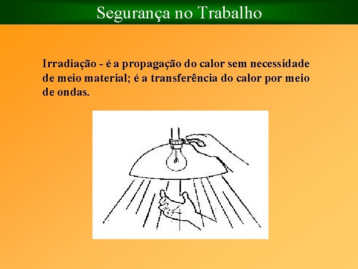 Segurança no Trabalho Irradiação é a propagação do calor sem necessidade de meio material;