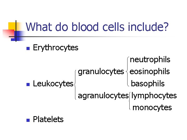 What do blood cells include? n n n Erythrocytes neutrophils granulocytes eosinophils Leukocytes basophils