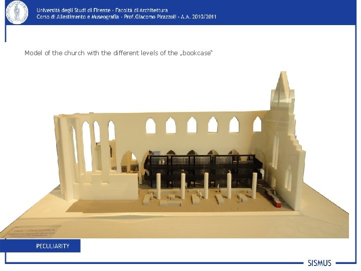 Model of the church with the different levels of the „bookcase“ 