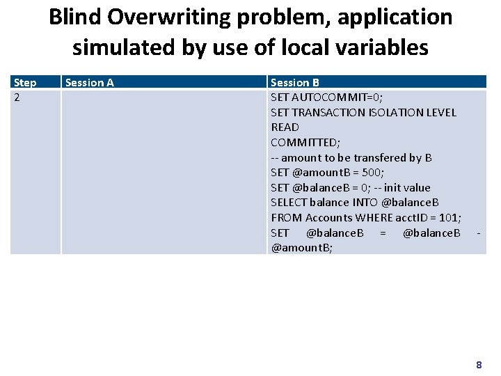 Blind Overwriting problem, application simulated by use of local variables Step 2 Session A