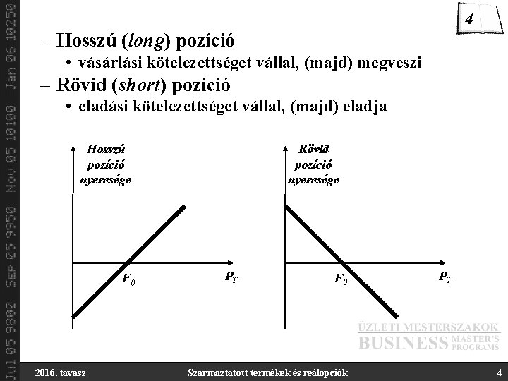 4 – Hosszú (long) pozíció • vásárlási kötelezettséget vállal, (majd) megveszi – Rövid (short)