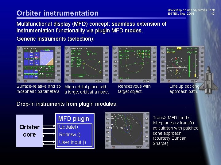 Workshop on Astrodynamics Tools ESTEC, Sep. 2004 -10 - Orbiter instrumentation Multifunctional display (MFD)