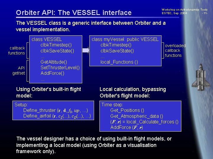 Orbiter API: The VESSEL interface Workshop on Astrodynamics Tools ESTEC, Sep. 2004 -11 -