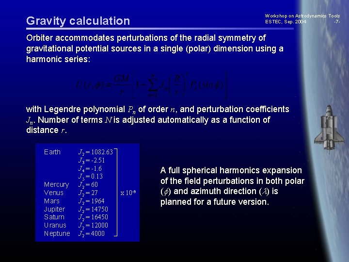 Gravity calculation Workshop on Astrodynamics Tools ESTEC, Sep. 2004 -7 - Orbiter accommodates perturbations