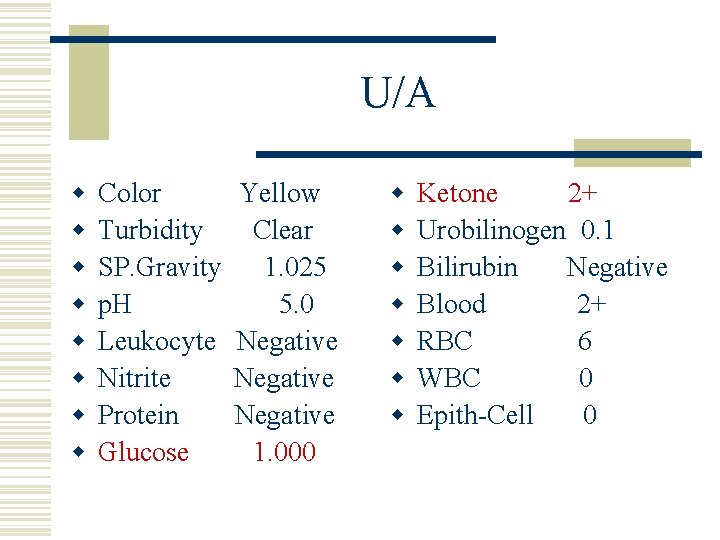 U/A w w w w Color Turbidity SP. Gravity p. H Leukocyte Nitrite Protein